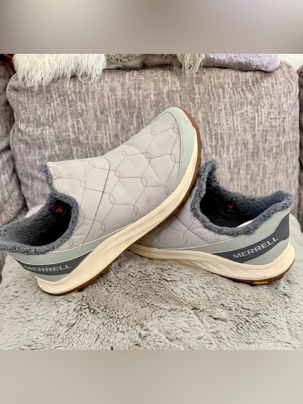 Merrell Quilted Slip-On Clogs in Light Gray and Cream
